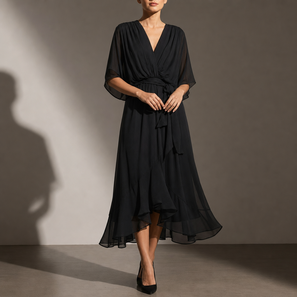 Malaga Chiffon Tie-Waist Midi Dress in Black