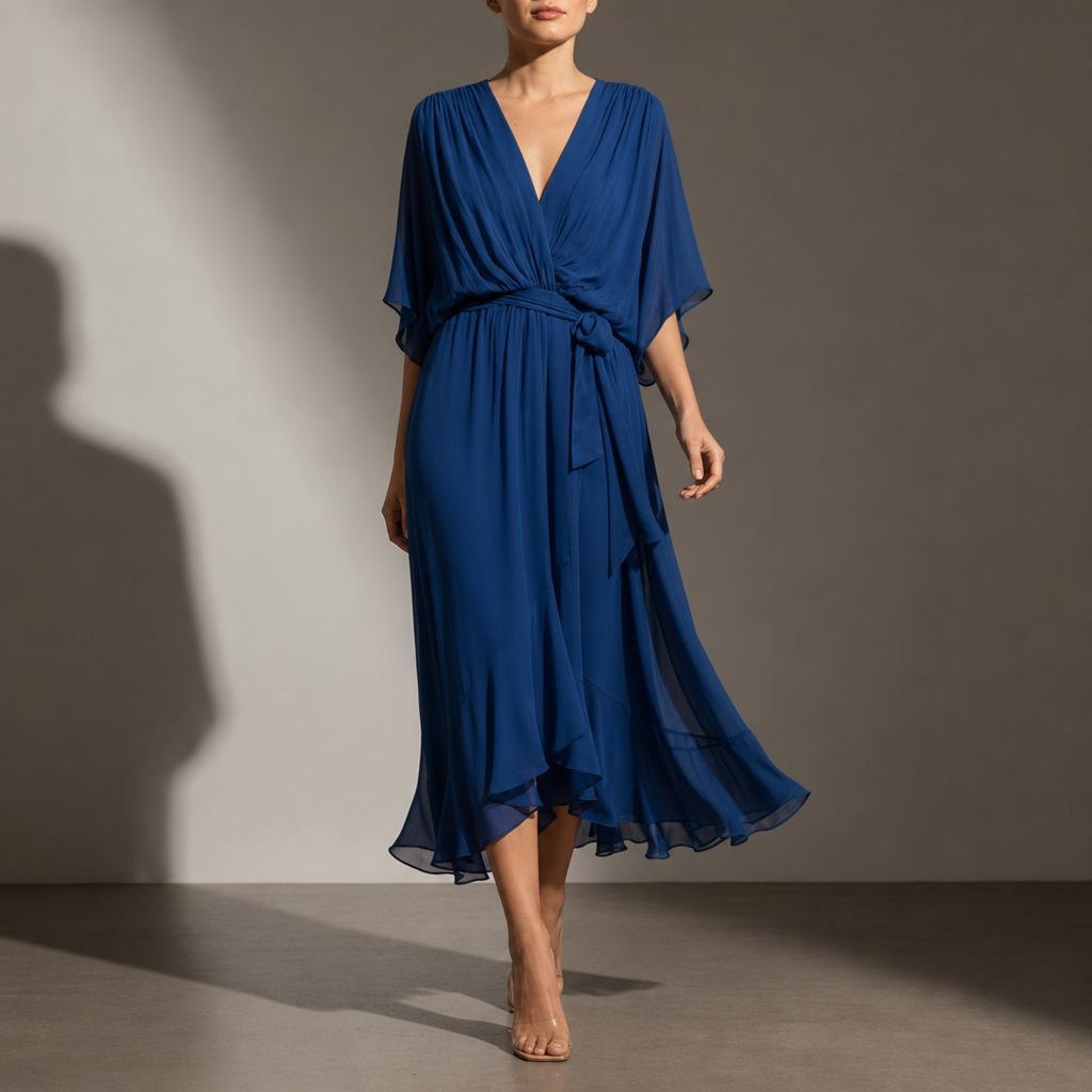 Malaga Chiffon Tie-Waist Midi Dress in Blue