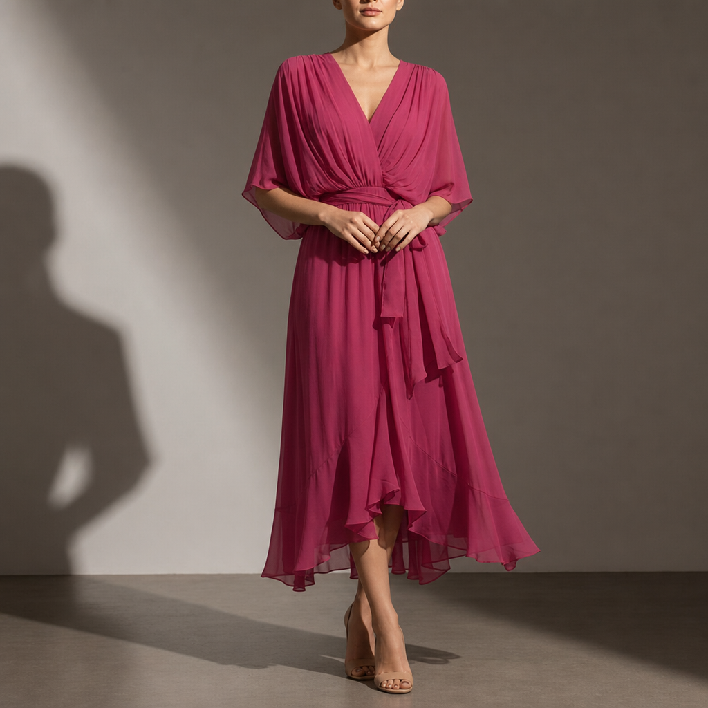 Malaga Chiffon Tie-Waist Midi Dress in Pink