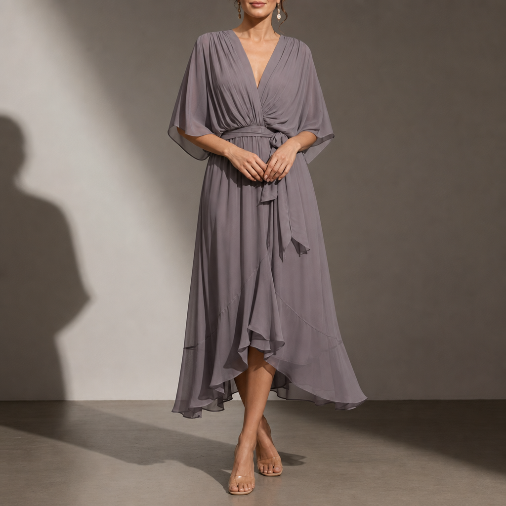 Malaga Chiffon Tie-Waist Midi Dress in Gray