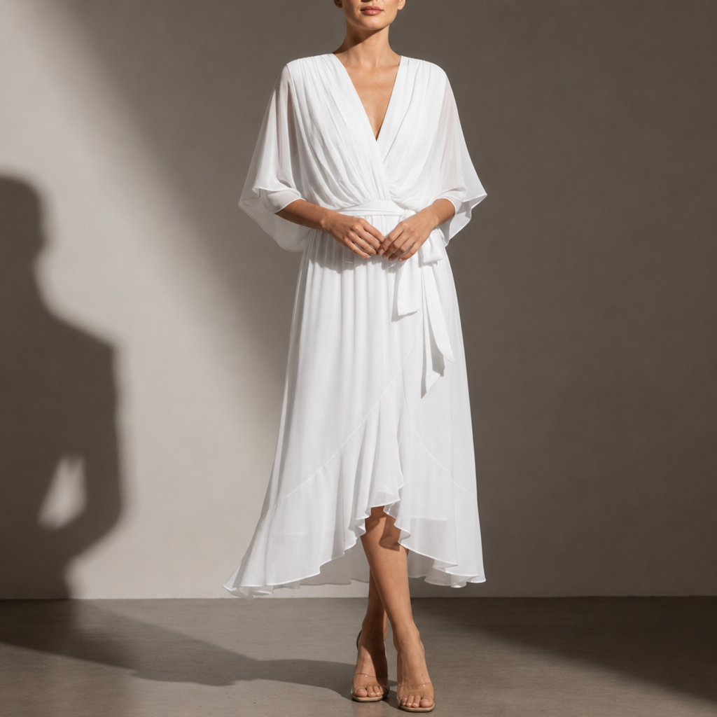 Malaga Chiffon Tie-Waist Midi Dress in White