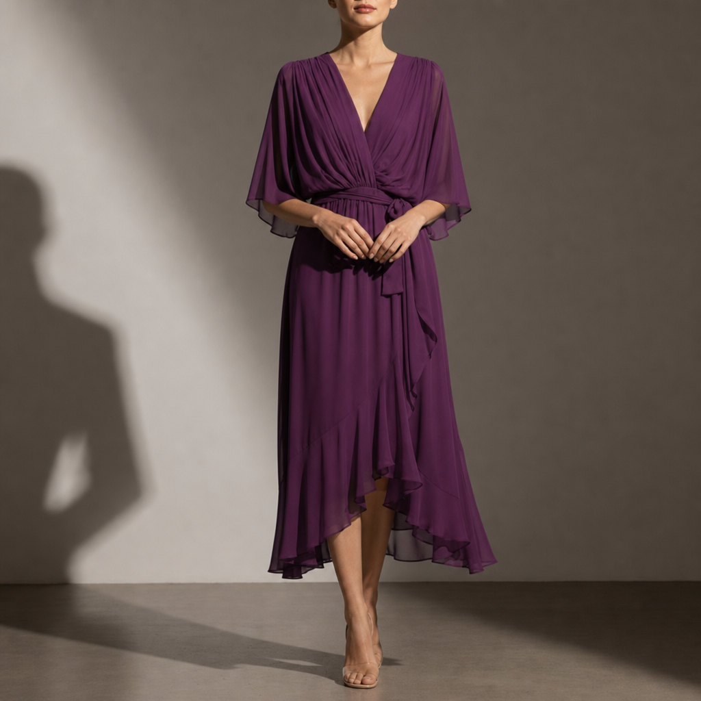 Malaga Chiffon Tie-Waist Midi Dress in Purple