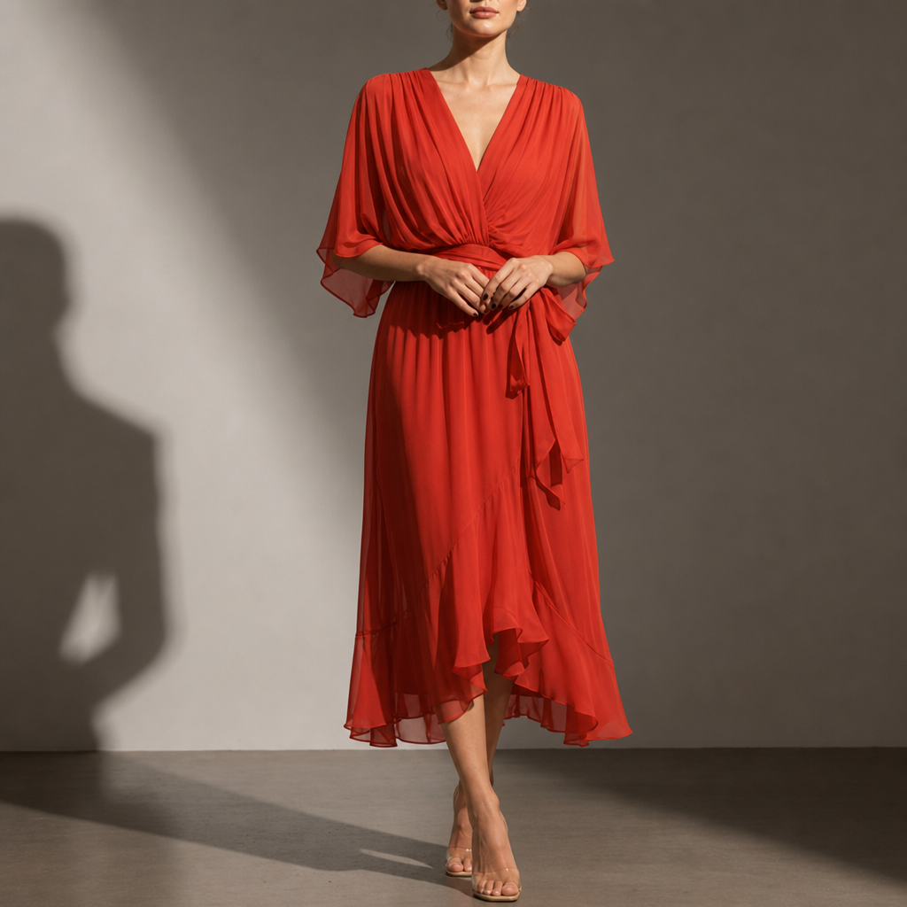 Malaga Chiffon Tie-Waist Midi Dress in Orange