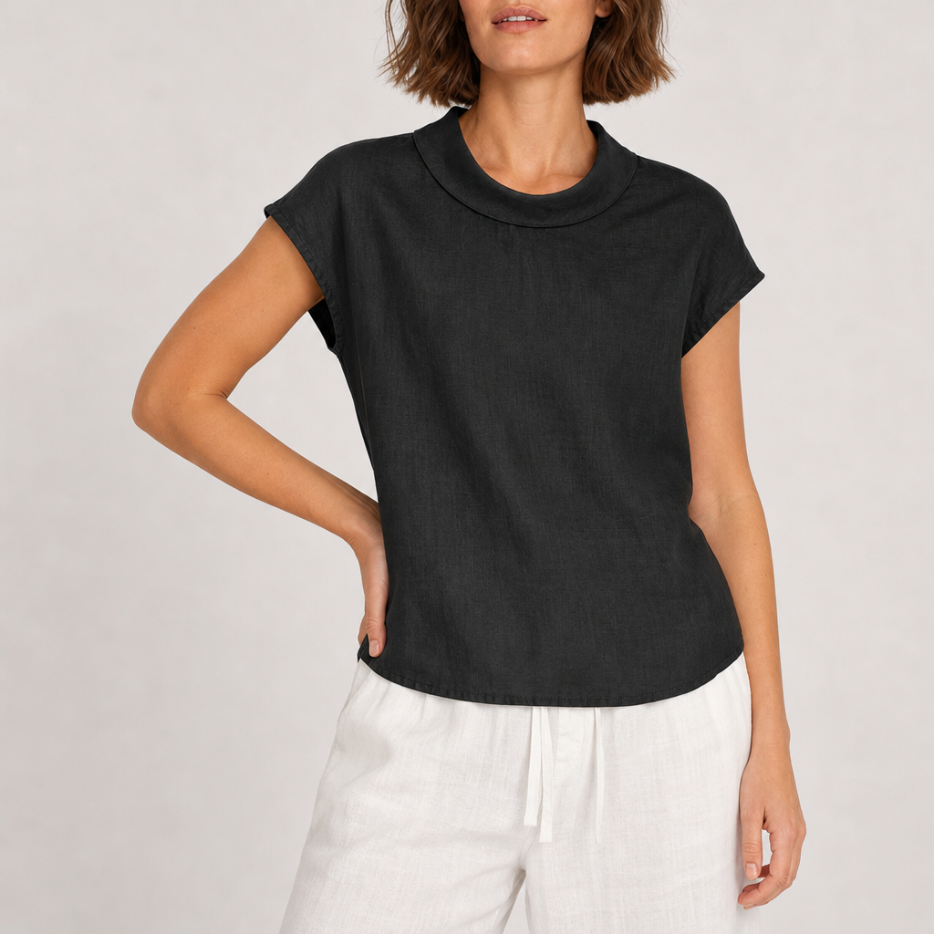 Matera Linen Cap Sleeve Blouse in Charcoal Black