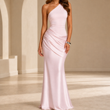 Menerbes One Shoulder Satin Gown in Pink