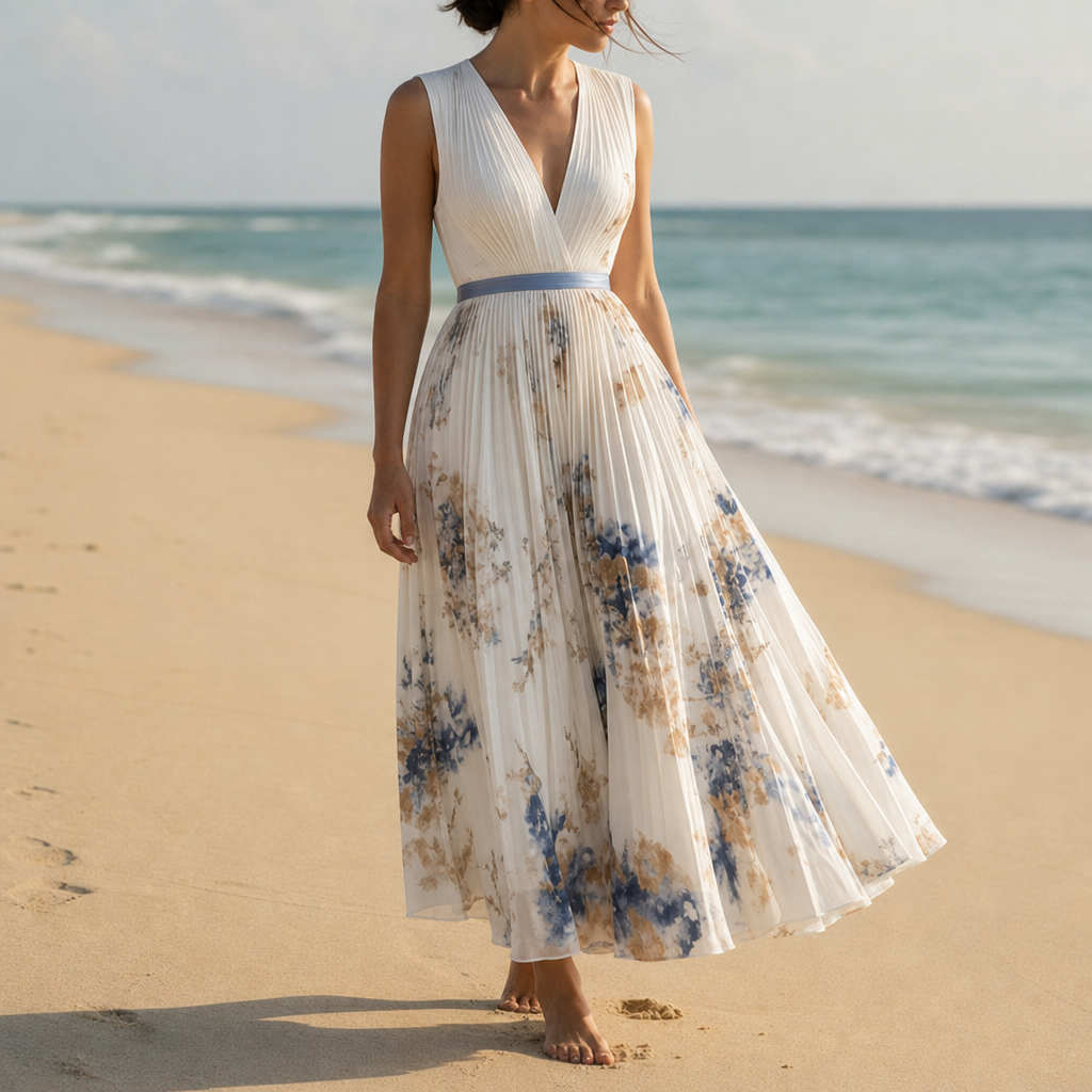 Mijas Pleated Floral Midi Dress in White