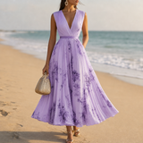 Mijas Pleated Floral Midi Dress in Purple