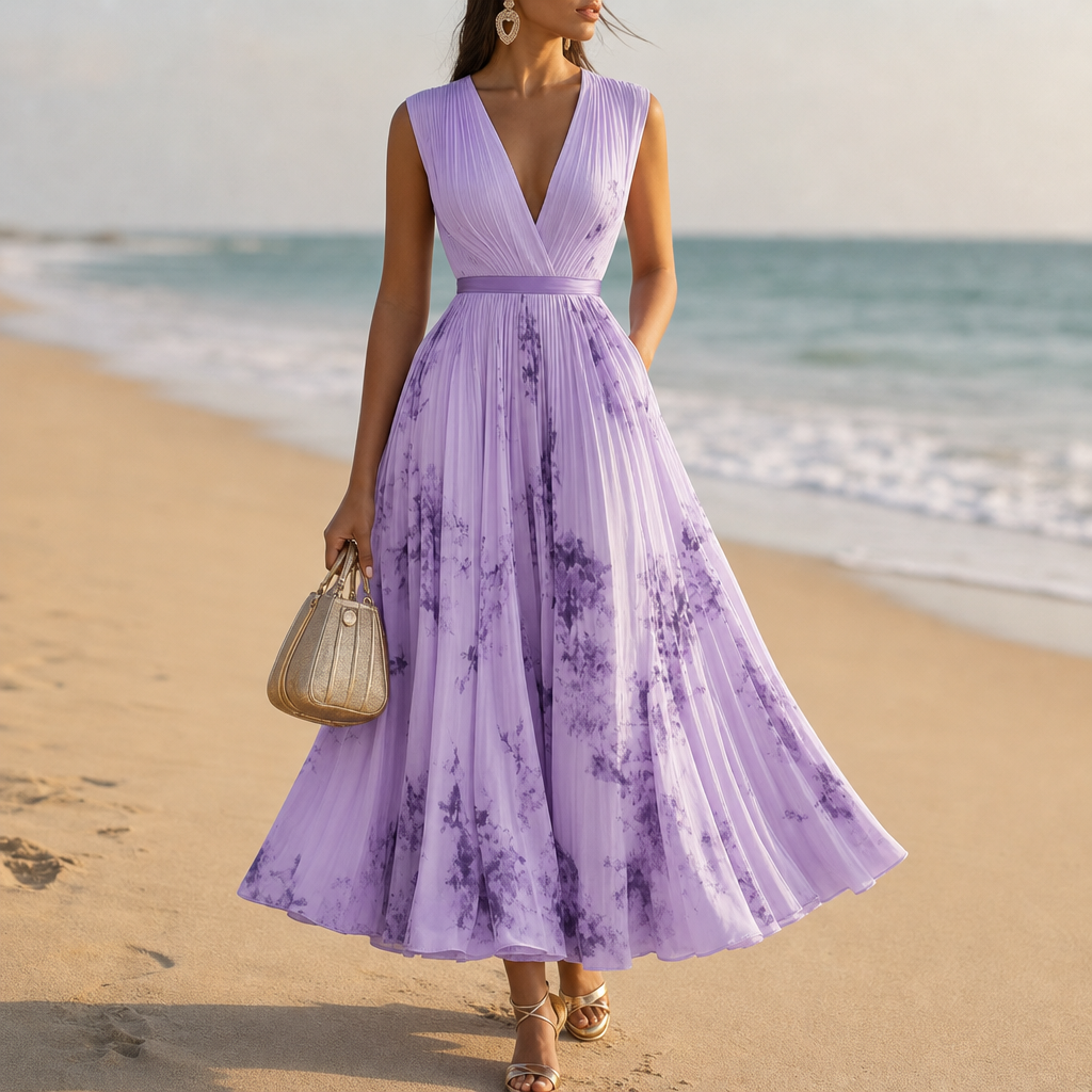 Mijas Pleated Floral Midi Dress in Purple