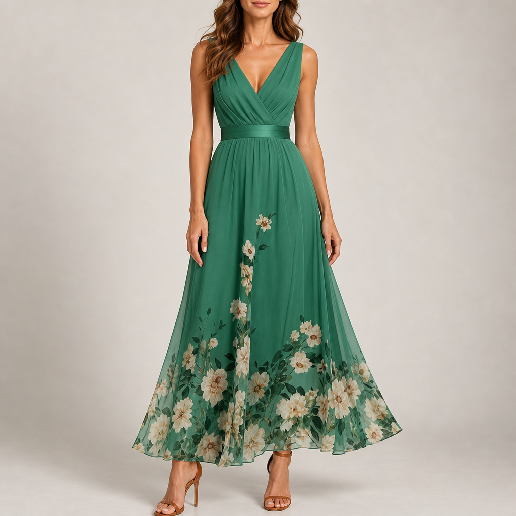 Mljet Floral Chiffon Maxi Dress in Green