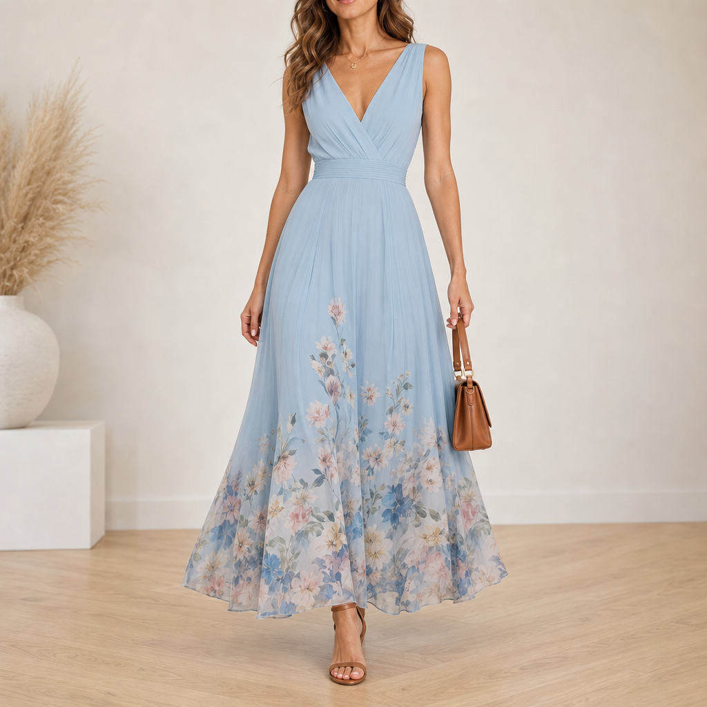 Mljet Floral Chiffon Maxi Dress in Light Blue