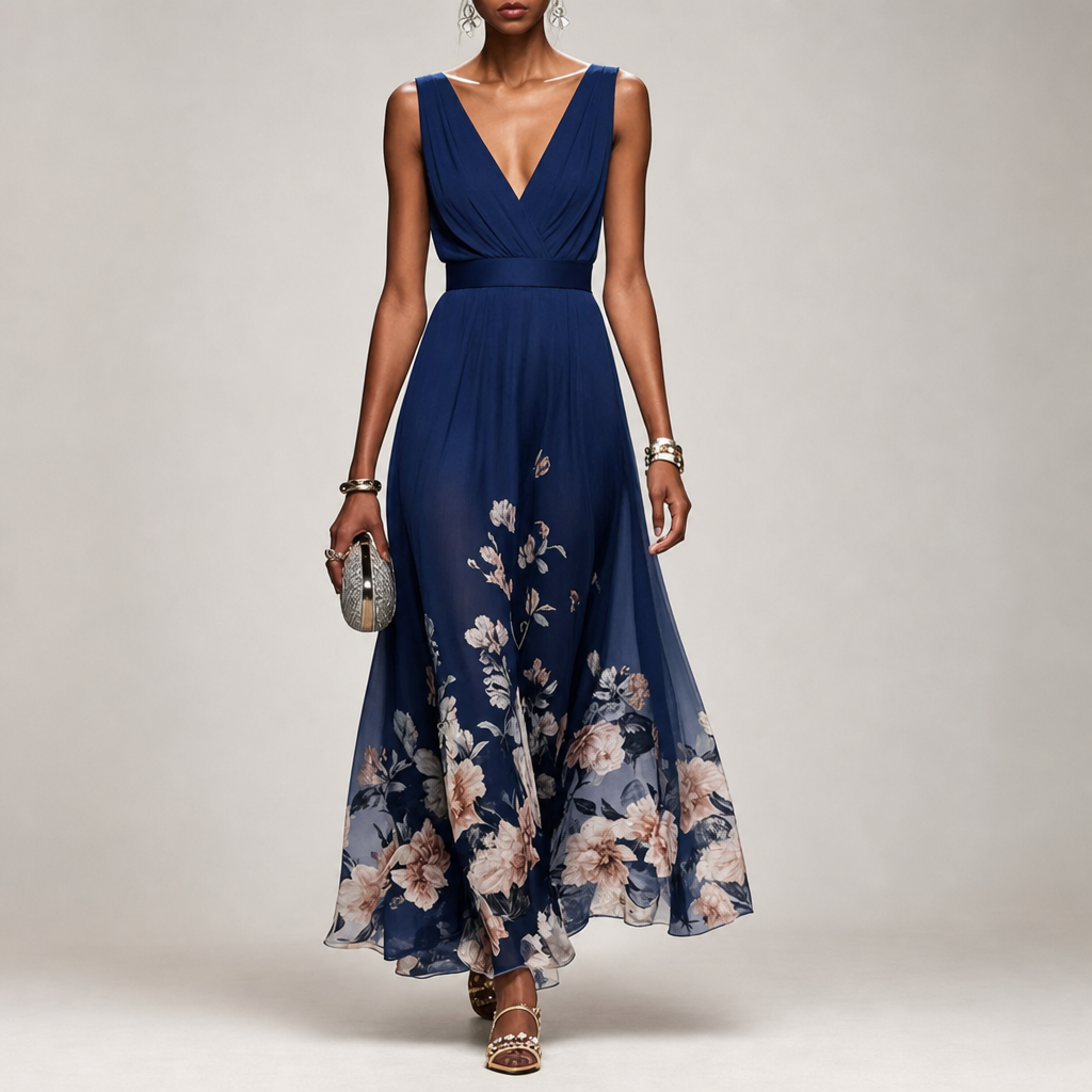 Mljet Floral Chiffon Maxi Dress in Navy