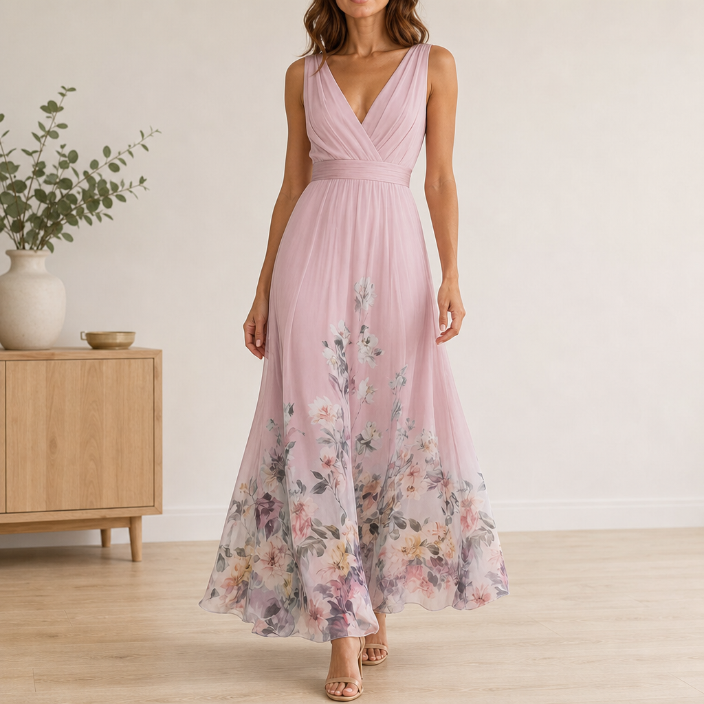 Mljet Floral Chiffon Maxi Dress in Pink