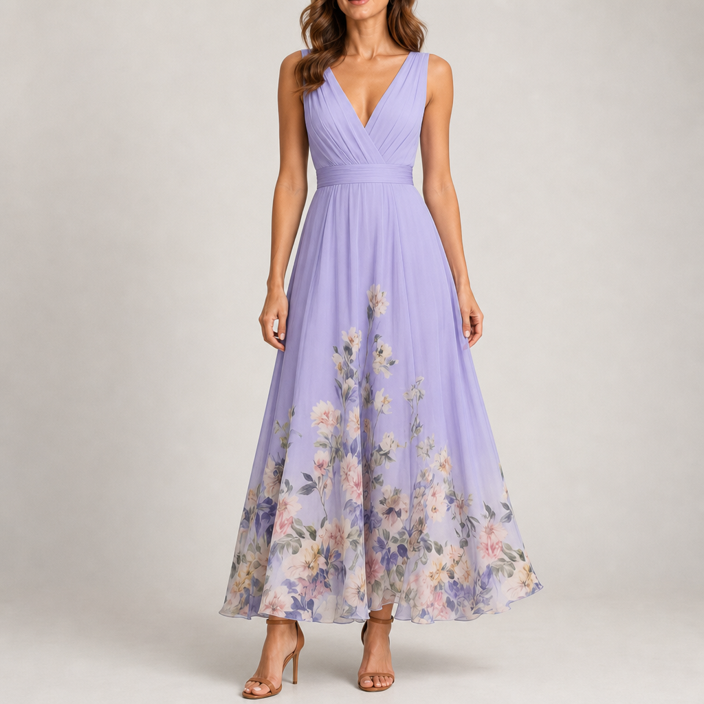 Mljet Floral Chiffon Maxi Dress in Purple