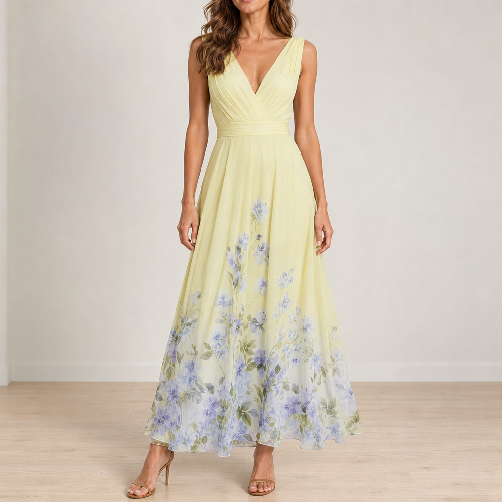 Mljet Floral Chiffon Maxi Dress in Yellow