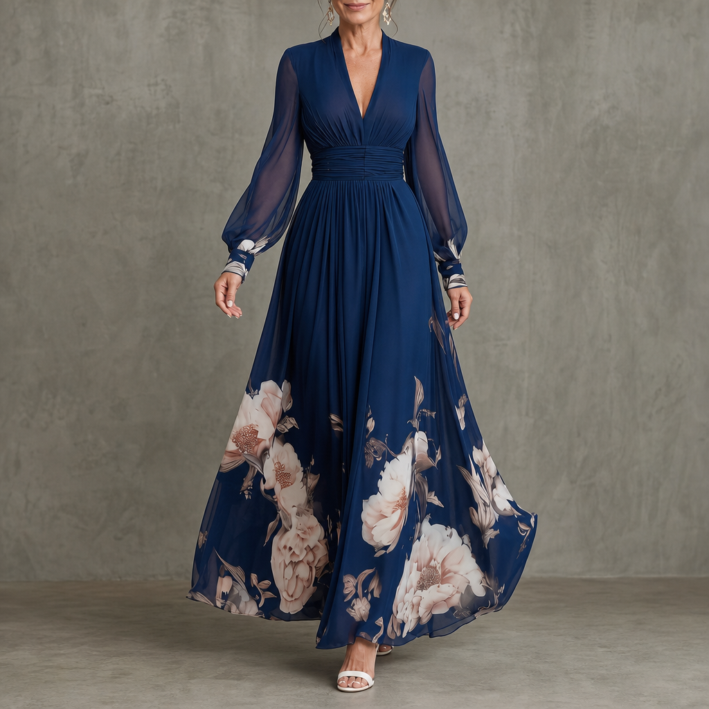 Modica Floral Pleated Maxi Dress in Navy