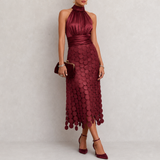 Monemvasia Satin Halter Midi Dress in Burgundy