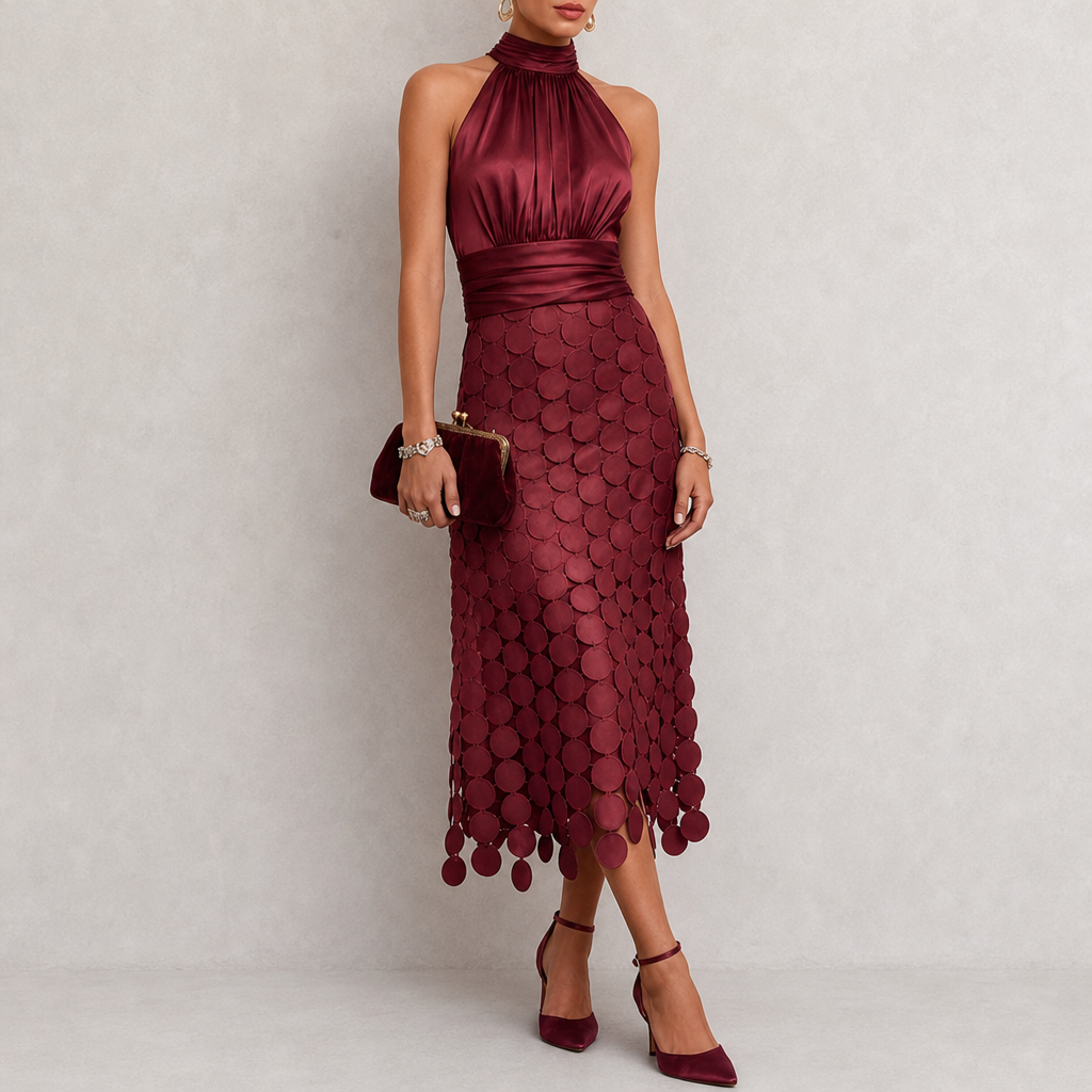 Monemvasia Satin Halter Midi Dress in Burgundy