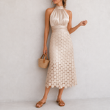 Monemvasia Satin Halter Midi Dress in Champagne
