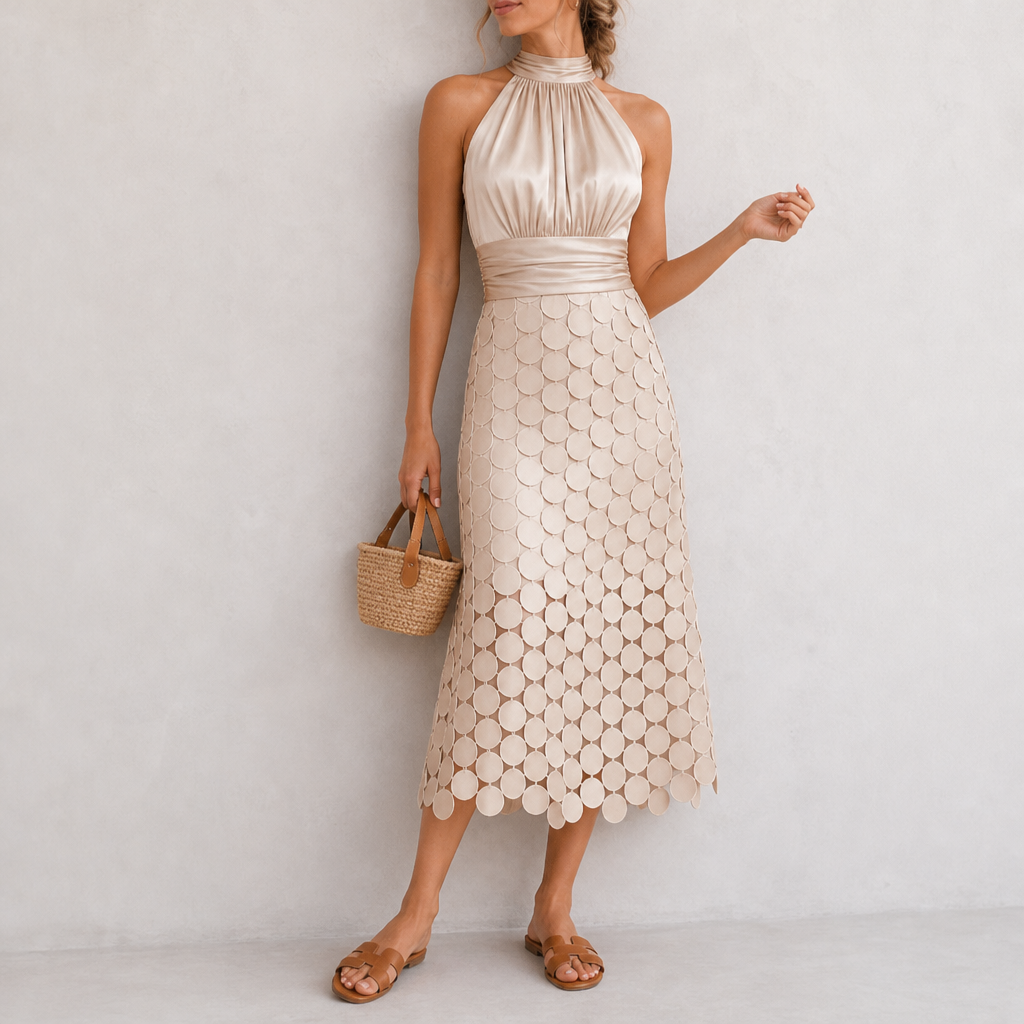 Monemvasia Satin Halter Midi Dress in Champagne