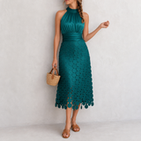 Monemvasia Satin Halter Midi Dress in Dark Green