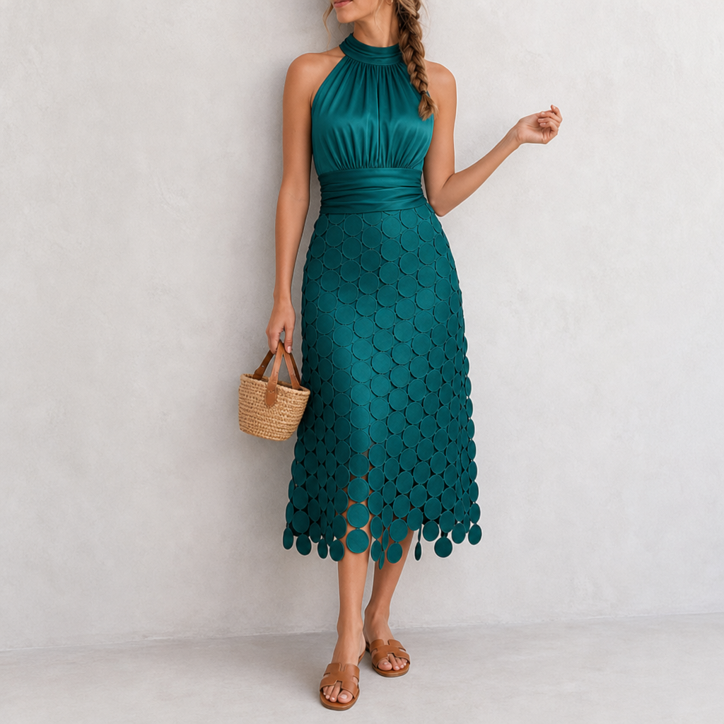 Monemvasia Satin Halter Midi Dress in Dark Green
