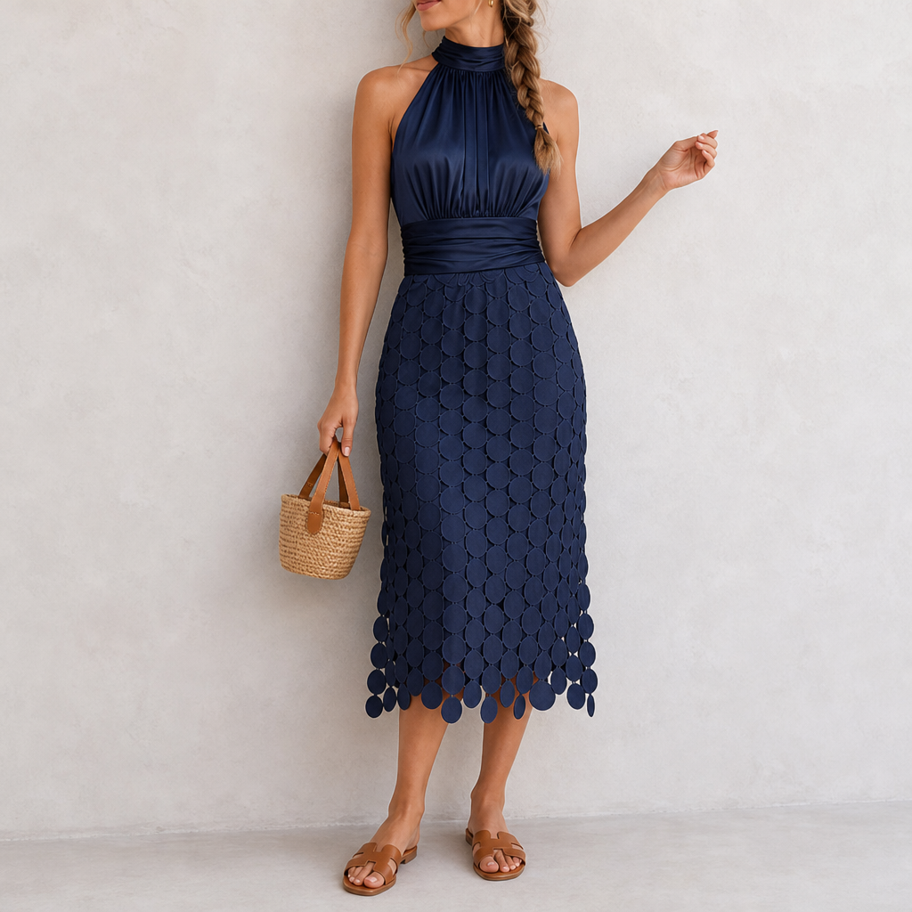 Monemvasia Satin Halter Midi Dress in Navy Blue
