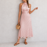 Monemvasia Satin Halter Midi Dress in Pink