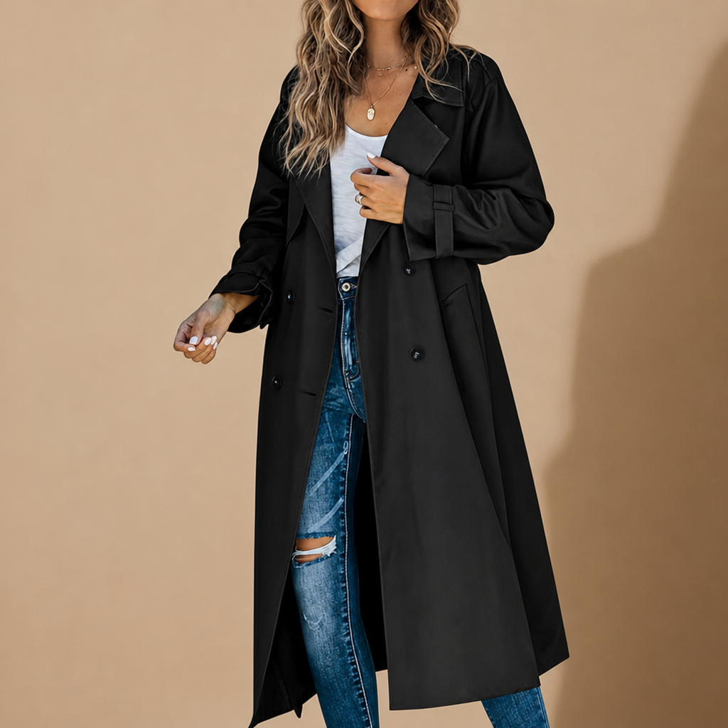 Nafplio Double-Breasted Trench Coat in Black