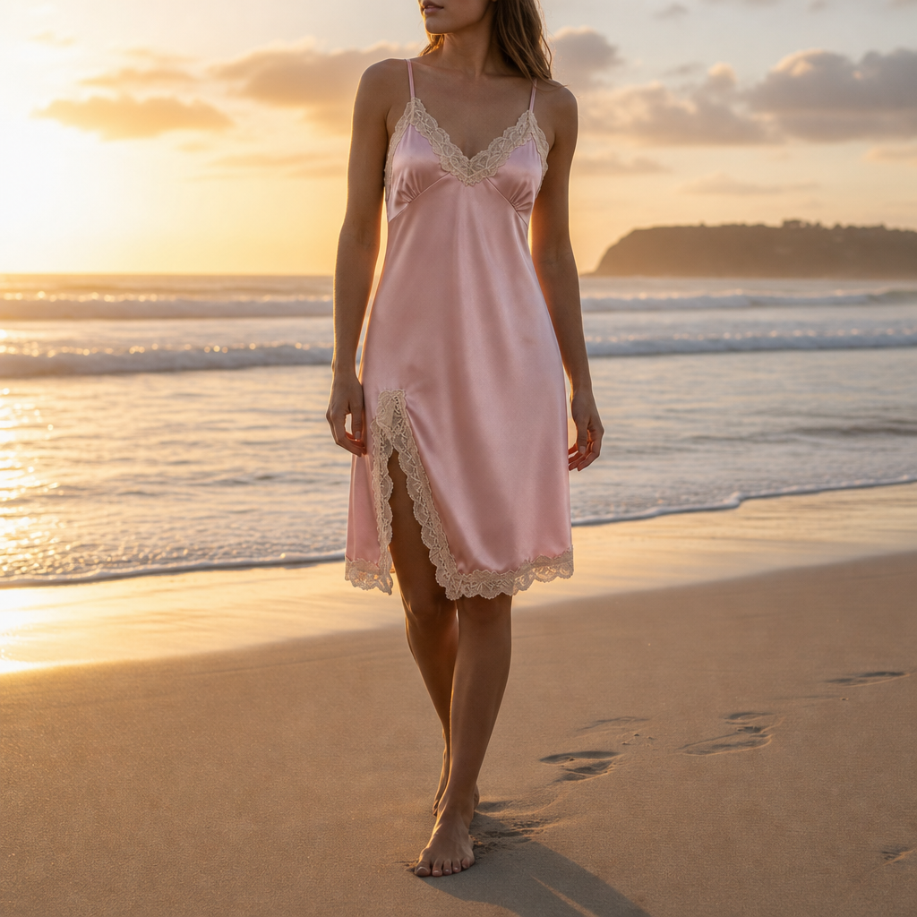 Narbonne Satin Lace Chemise in Pink