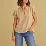 Nerja Ruffle Sleeve Cotton Blouse in Khaki