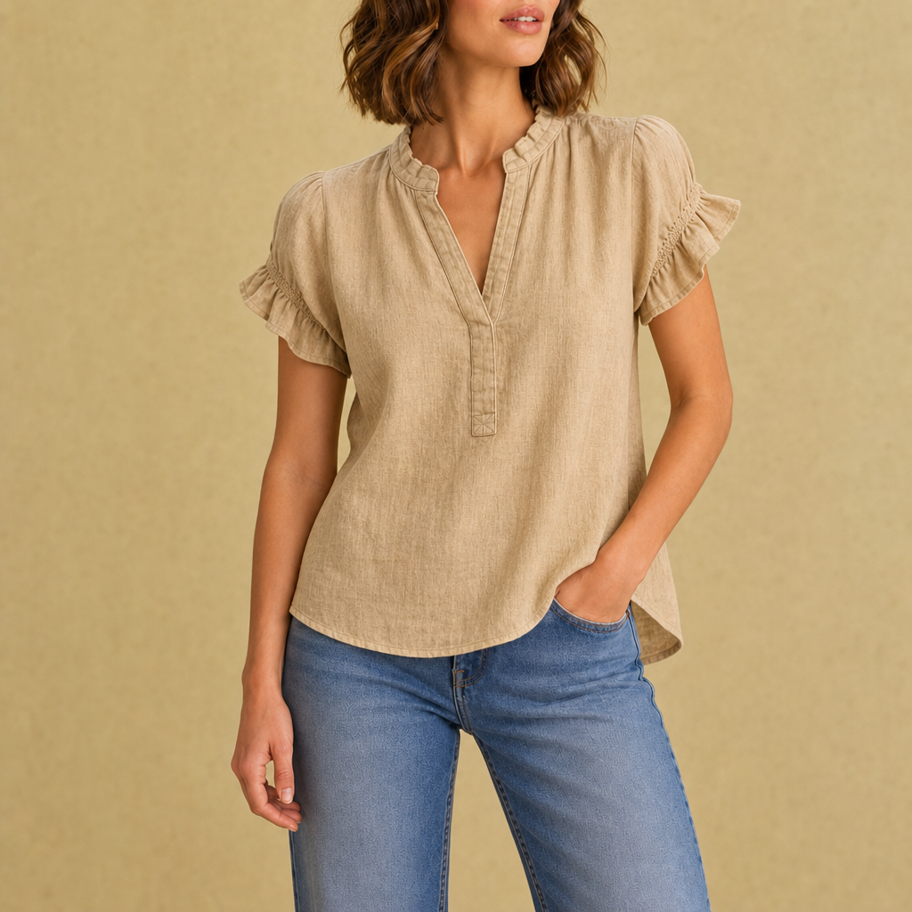 Nerja Ruffle Sleeve Cotton Blouse in Khaki