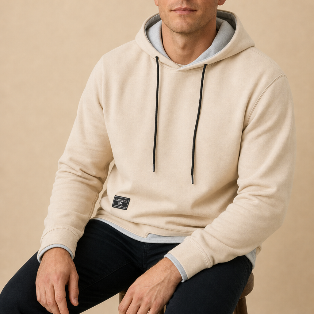 Nimes Two-Tone Pullover Hoodie in Beige