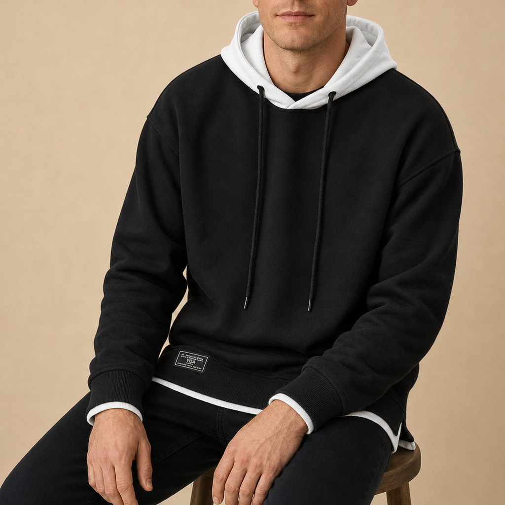 Nimes Two-Tone Pullover Hoodie in Black