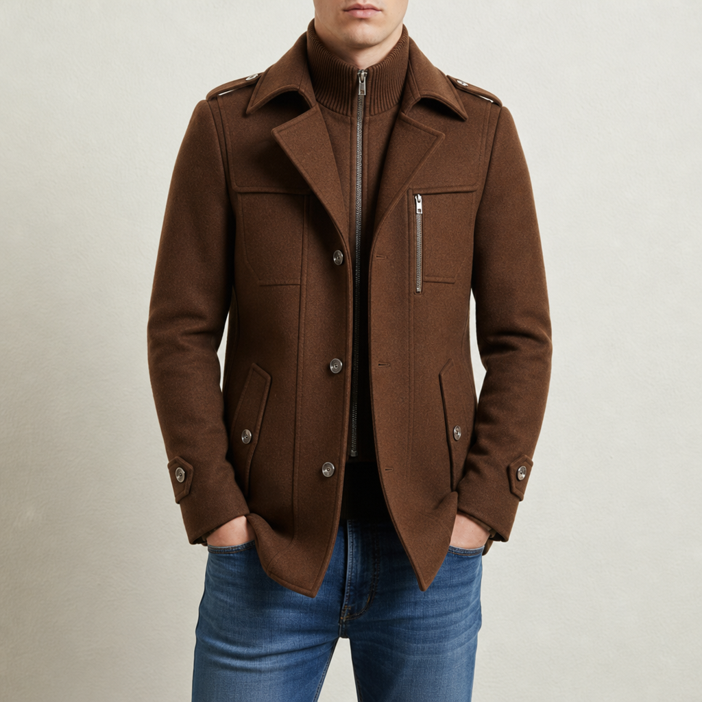 Nisyros Wool Utility Overcoat in Cocoa Brown
