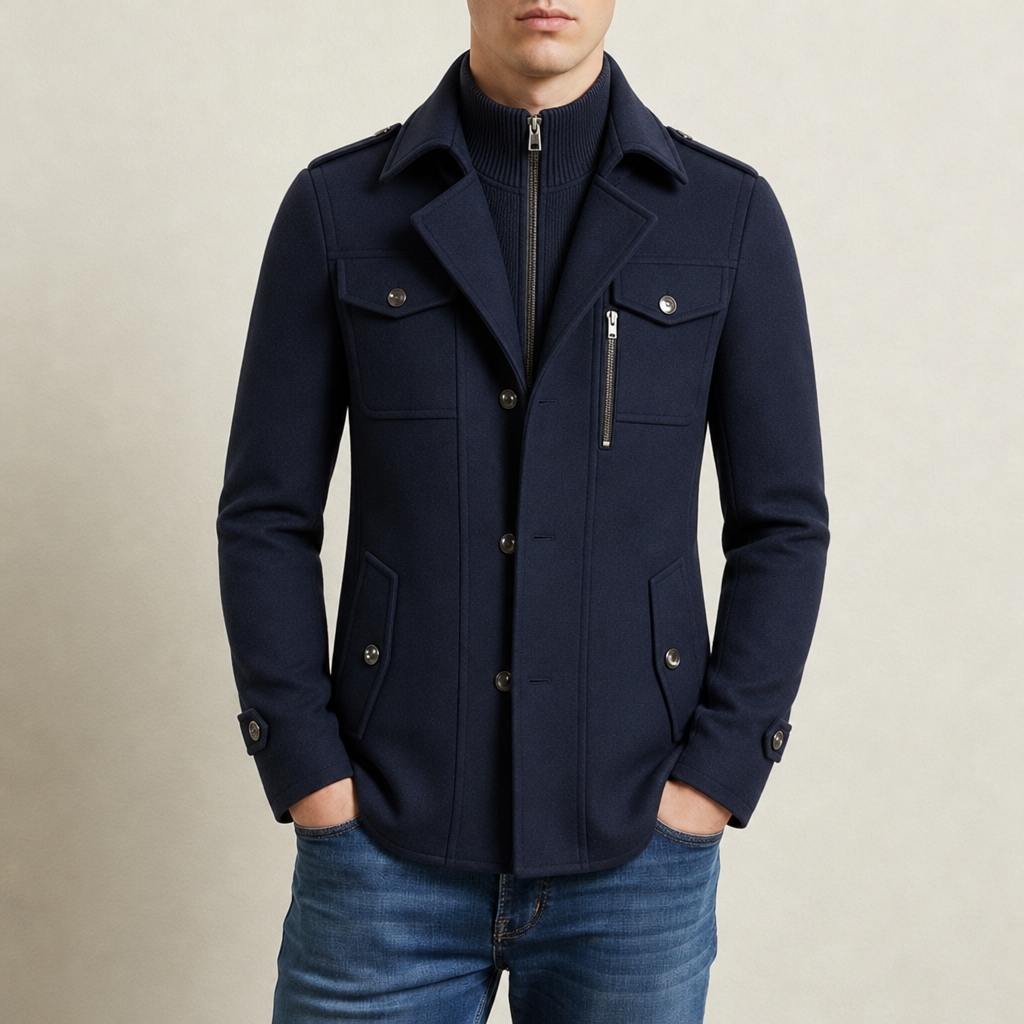 Nisyros Wool Utility Overcoat in Navy Blue