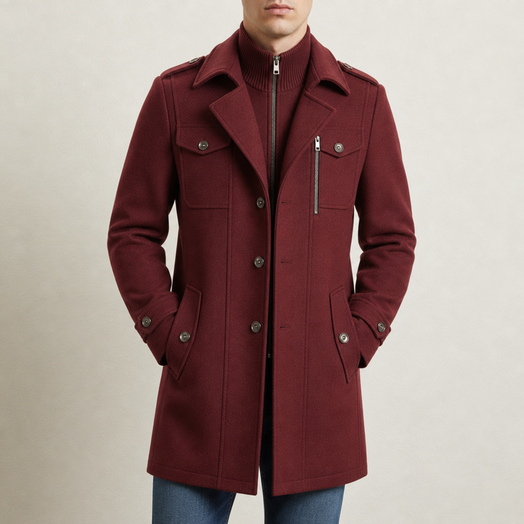 Nisyros Wool Utility Overcoat in Crimson Red