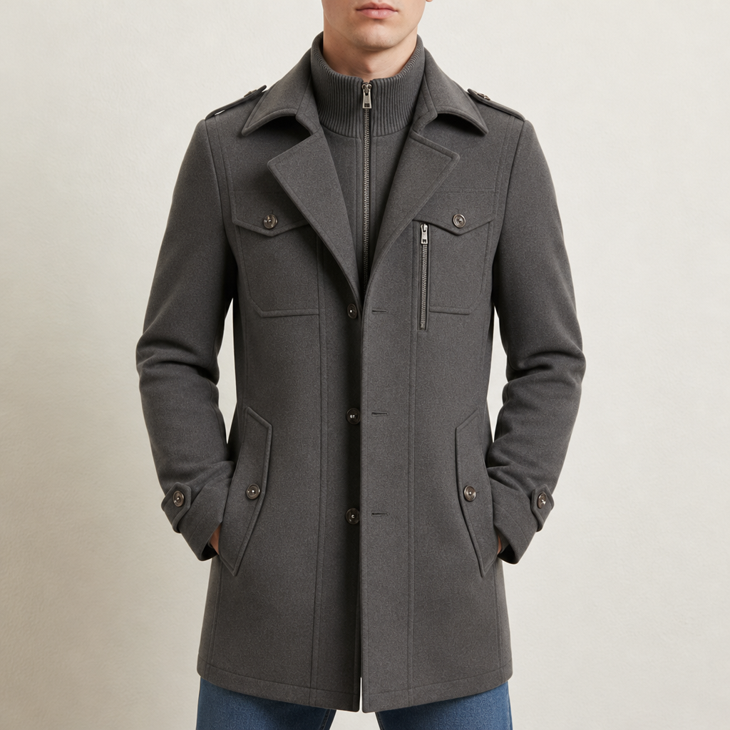 Nisyros Wool Utility Overcoat in Graphite Gray