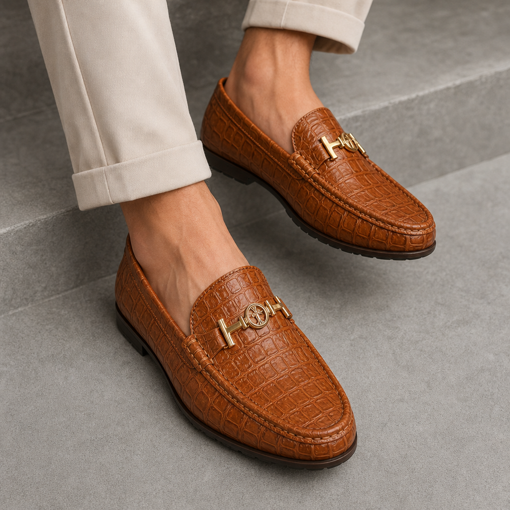 Omodos Croc Leather Loafers in Brown