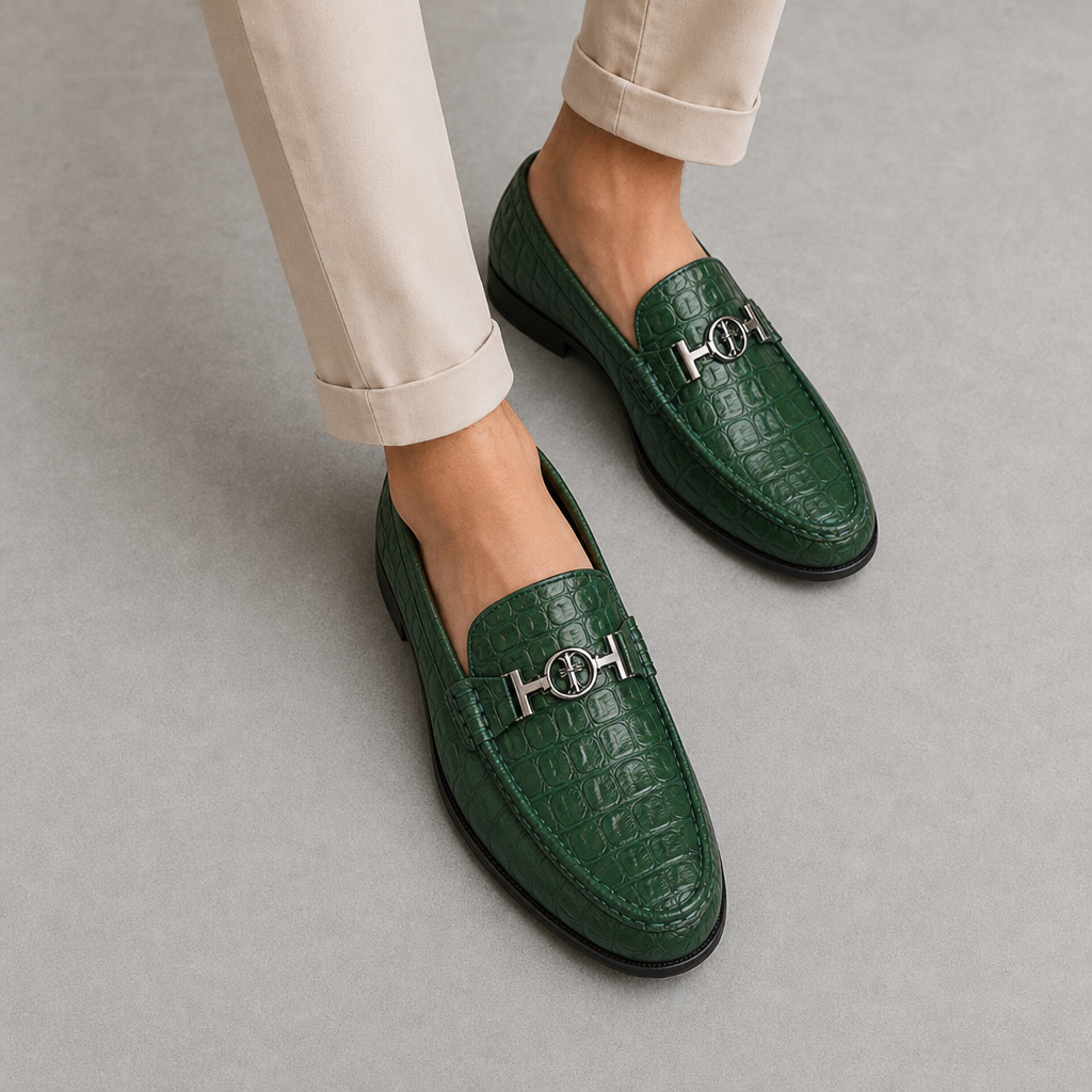 Omodos Croc Leather Loafers in Green