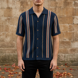 Omodos Striped Knit Polo in Blue