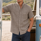 Paros Linen Mandarin Collar Shirt in Khaki