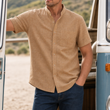 Paros Linen Mandarin Collar Shirt in Brown