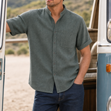 Paros Linen Mandarin Collar Shirt in Dark green