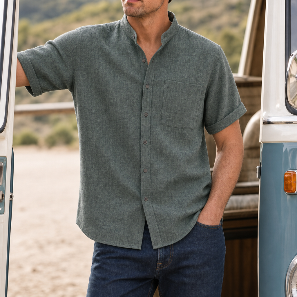 Paros Linen Mandarin Collar Shirt in Dark green