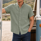 Paros Linen Mandarin Collar Shirt in Green