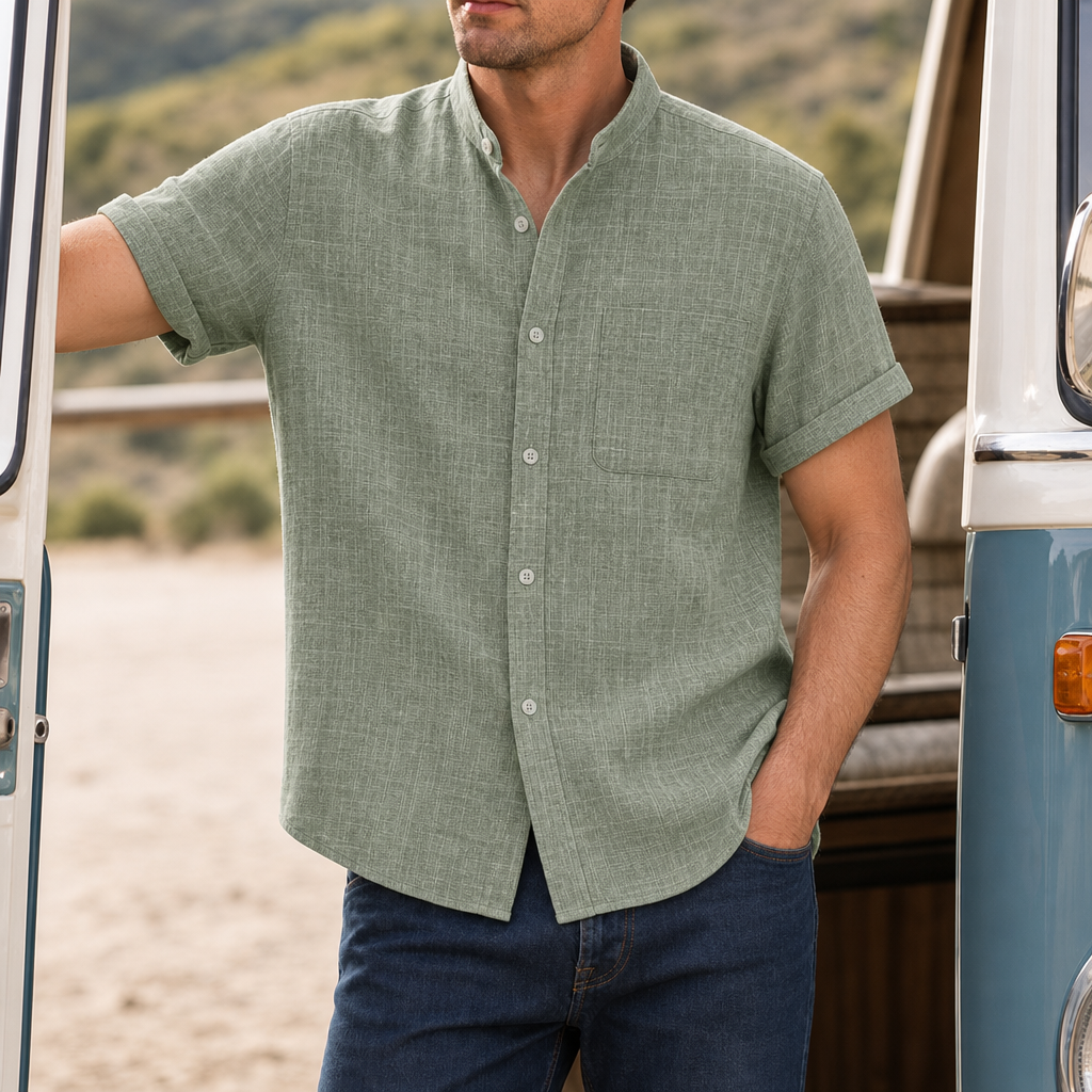 Paros Linen Mandarin Collar Shirt in Green