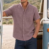 Paros Linen Mandarin Collar Shirt in Red