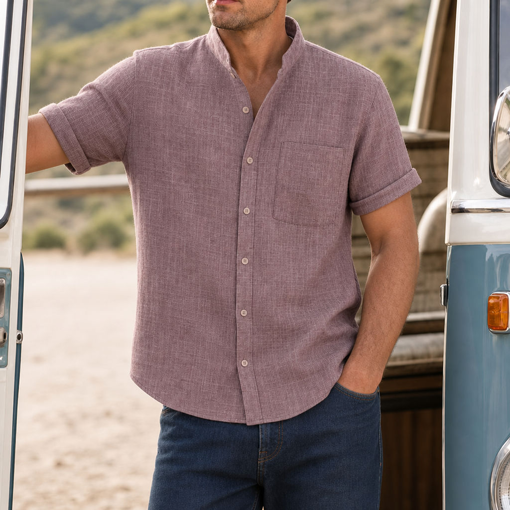 Paros Linen Mandarin Collar Shirt in Red