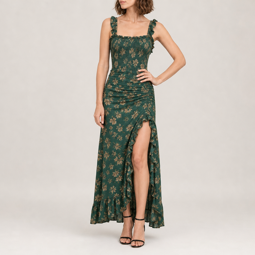 Paxos Smocked Floral Midi Dress in Dark green