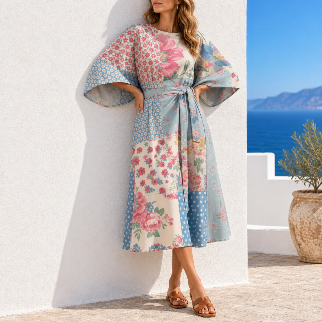 Peniscola Floral Kimono Sleeve Dress in Colorful
